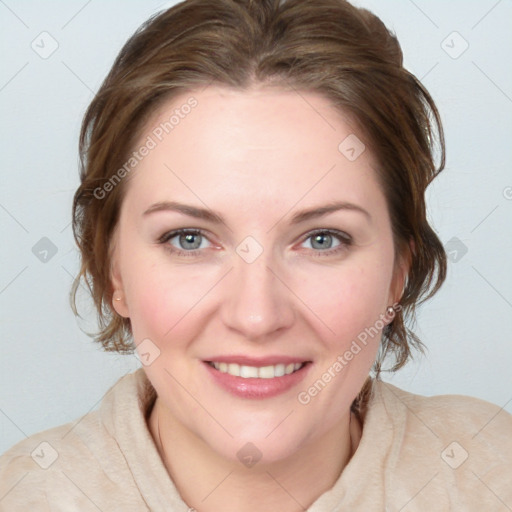 Joyful white young-adult female with medium  brown hair and blue eyes