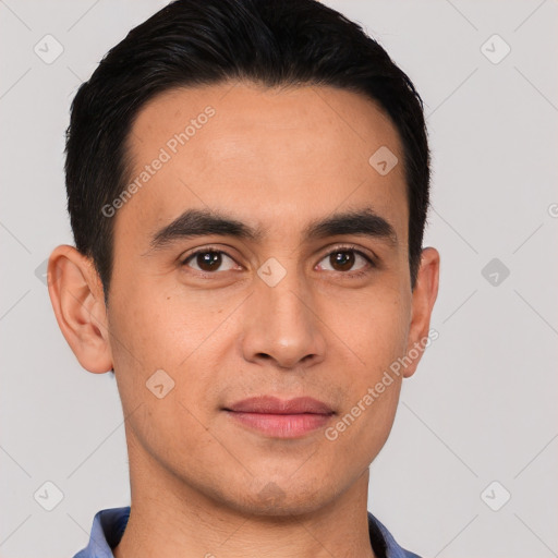 Joyful white young-adult male with short  black hair and brown eyes