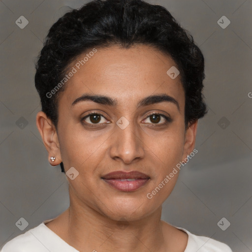 Joyful latino young-adult female with short  brown hair and brown eyes