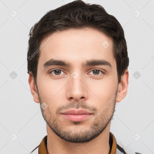 Neutral white young-adult male with short  brown hair and brown eyes