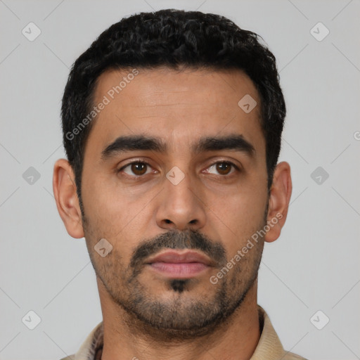 Neutral latino young-adult male with short  black hair and brown eyes