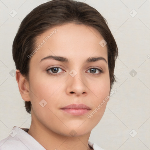 Neutral white young-adult female with short  brown hair and brown eyes