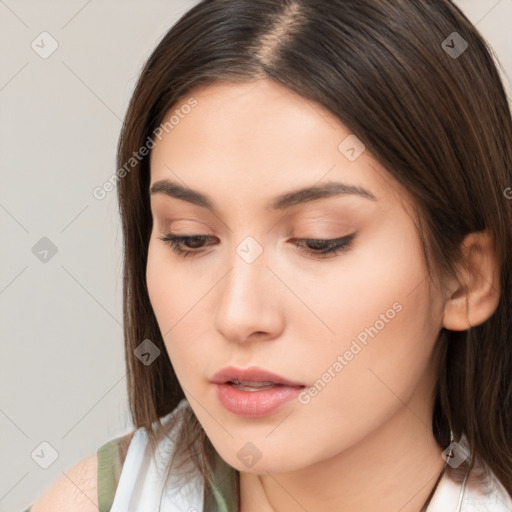 Neutral white young-adult female with medium  brown hair and brown eyes