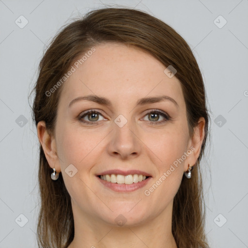 Joyful white young-adult female with long  brown hair and grey eyes