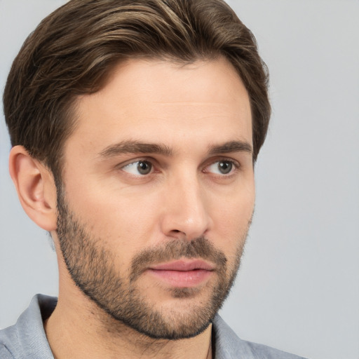 Neutral white young-adult male with short  brown hair and brown eyes