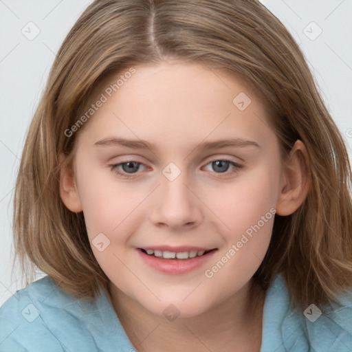 Joyful white child female with medium  brown hair and grey eyes