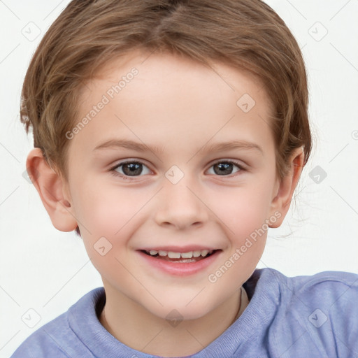 Joyful white child female with short  brown hair and brown eyes