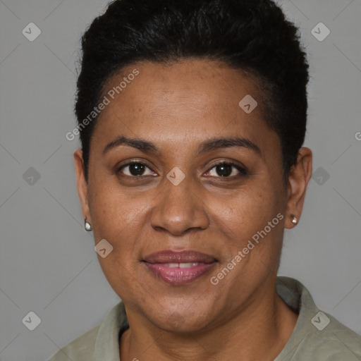 Joyful black adult female with short  brown hair and brown eyes