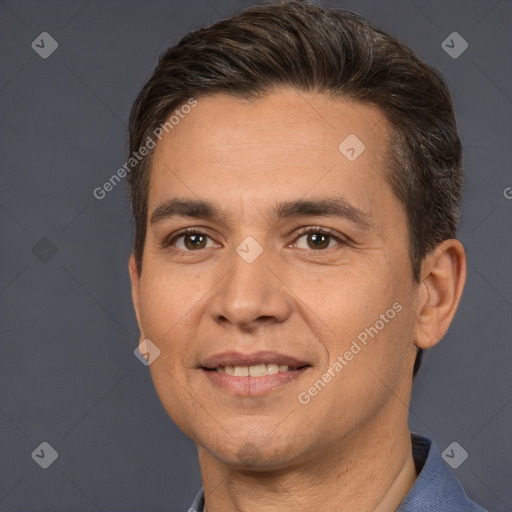 Joyful white adult male with short  brown hair and brown eyes