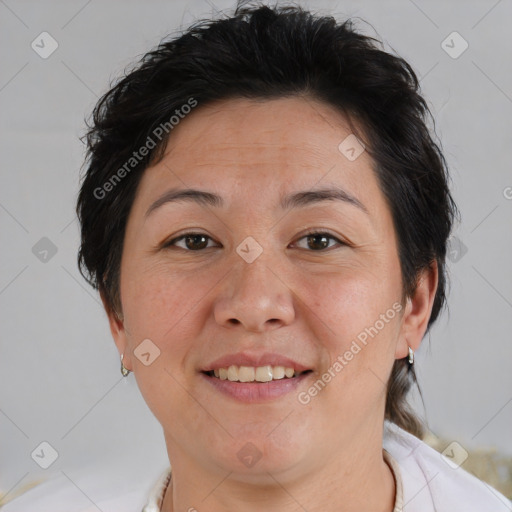 Joyful white adult female with short  brown hair and brown eyes