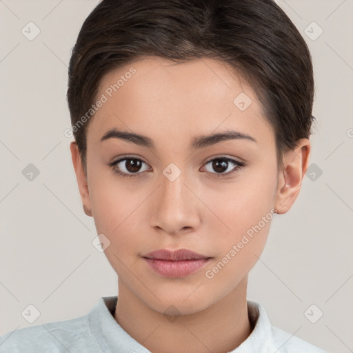 Neutral white young-adult female with short  brown hair and brown eyes