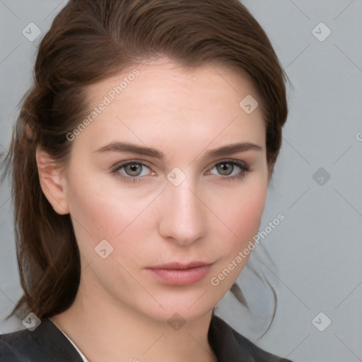 Neutral white young-adult female with medium  brown hair and grey eyes