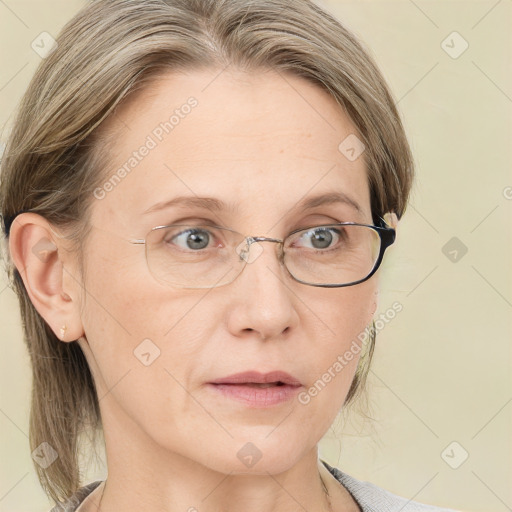 Joyful white adult female with medium  brown hair and blue eyes