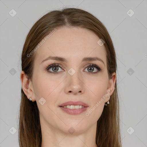 Joyful white young-adult female with long  brown hair and grey eyes