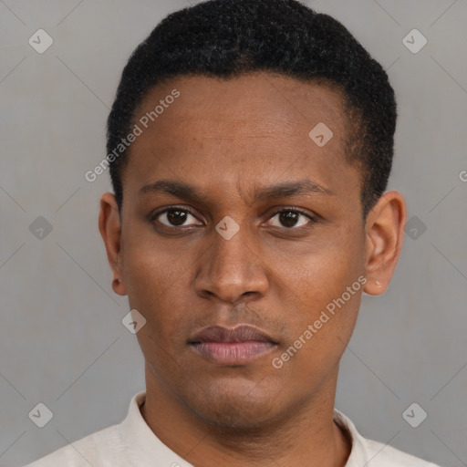 Neutral latino young-adult male with short  black hair and brown eyes