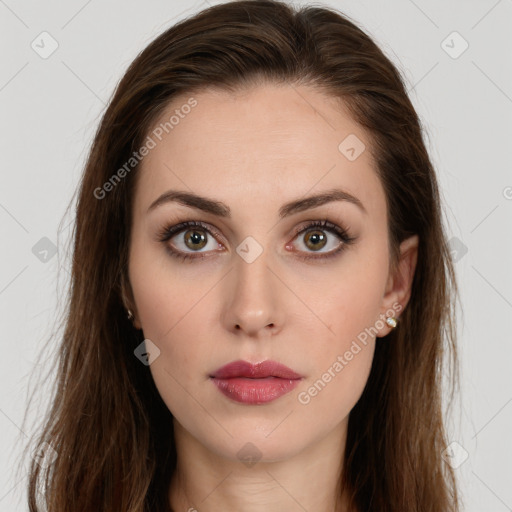 Neutral white young-adult female with long  brown hair and brown eyes