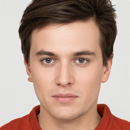 Neutral white young-adult male with short  brown hair and brown eyes