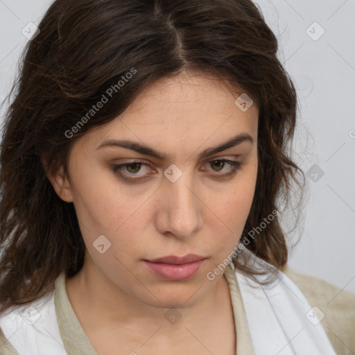 Neutral white young-adult female with medium  brown hair and brown eyes