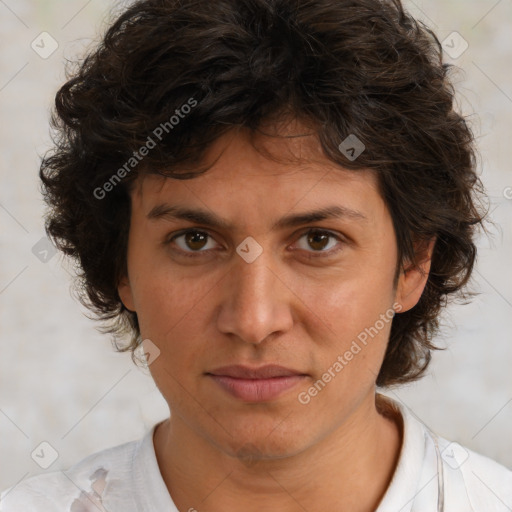 Joyful white adult female with short  brown hair and brown eyes