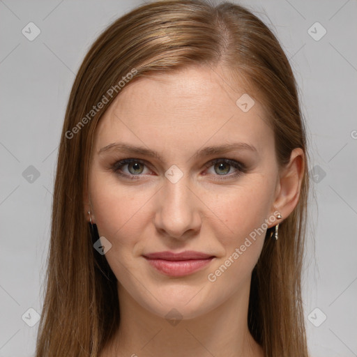 Joyful white young-adult female with long  brown hair and grey eyes