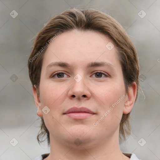 Neutral white young-adult female with medium  brown hair and grey eyes