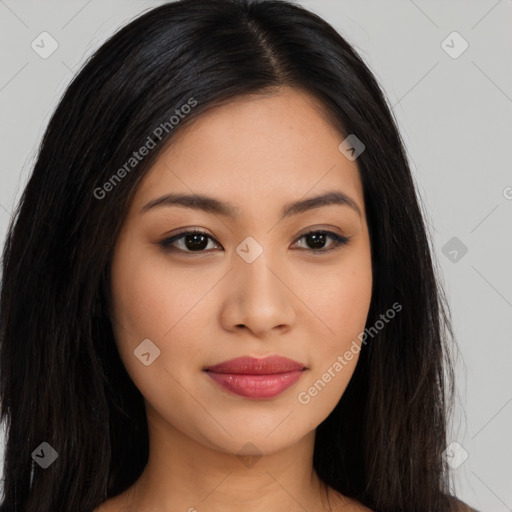 Joyful latino young-adult female with long  brown hair and brown eyes