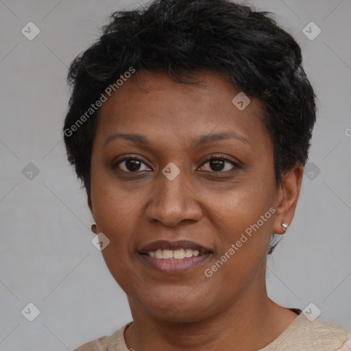 Joyful black adult female with short  brown hair and brown eyes