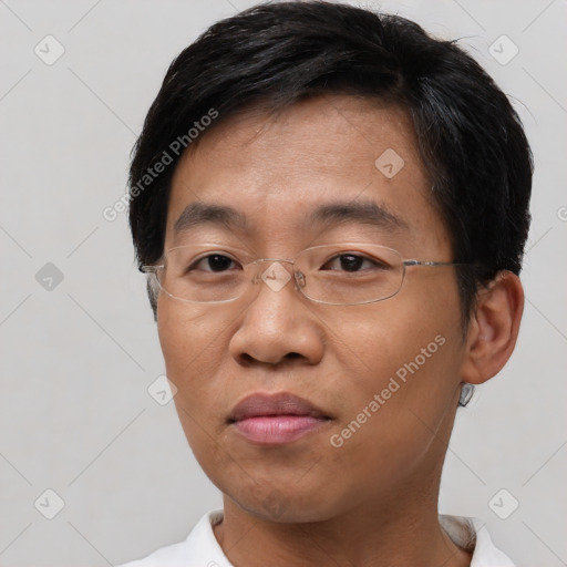 Joyful asian young-adult male with short  brown hair and brown eyes