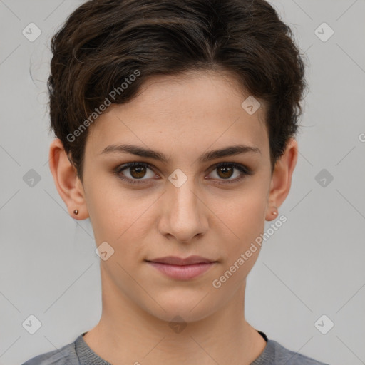 Joyful white young-adult female with short  brown hair and brown eyes