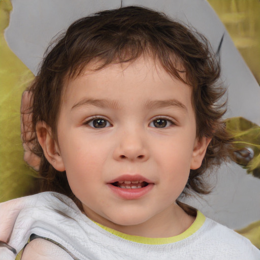 Joyful white child female with short  brown hair and brown eyes