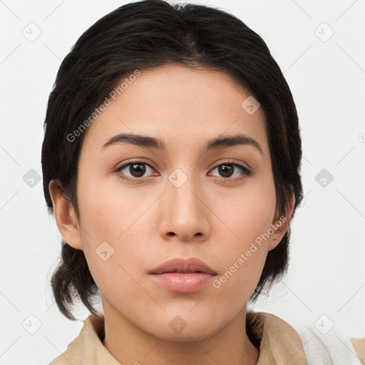 Neutral white young-adult female with medium  brown hair and brown eyes