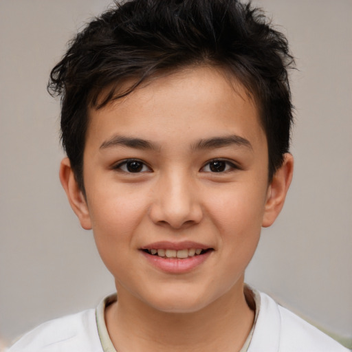 Joyful white child female with short  brown hair and brown eyes