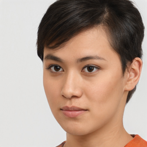 Neutral asian young-adult female with short  brown hair and brown eyes