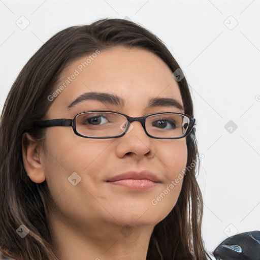 Neutral white young-adult female with long  brown hair and brown eyes