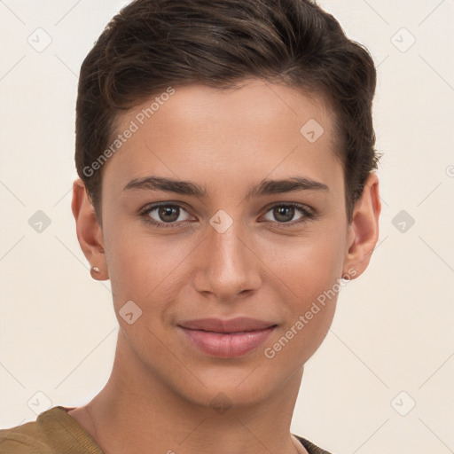 Joyful white young-adult female with short  brown hair and brown eyes