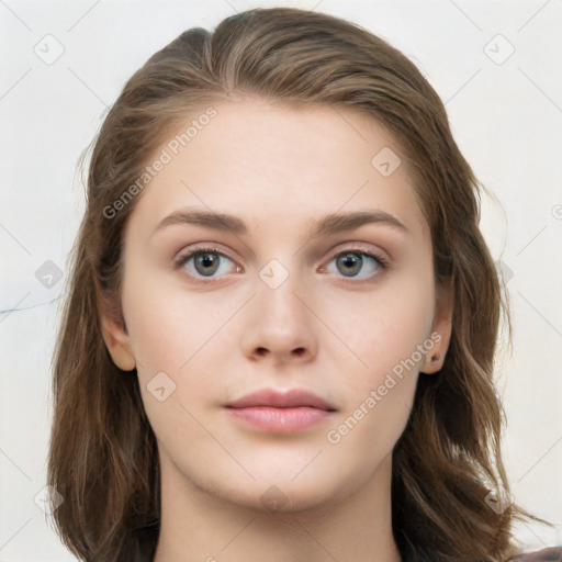 Neutral white young-adult female with long  brown hair and grey eyes