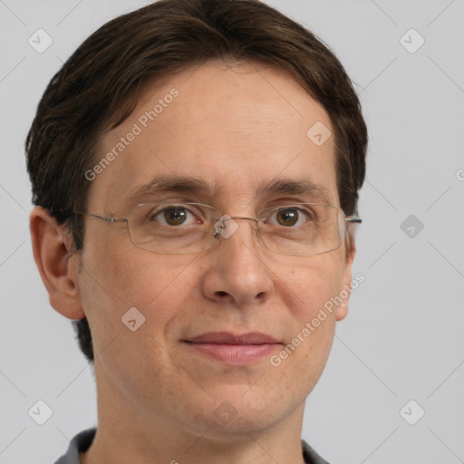 Joyful white adult male with short  brown hair and grey eyes