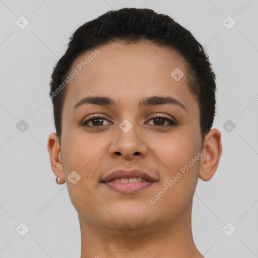 Joyful latino young-adult female with short  brown hair and brown eyes