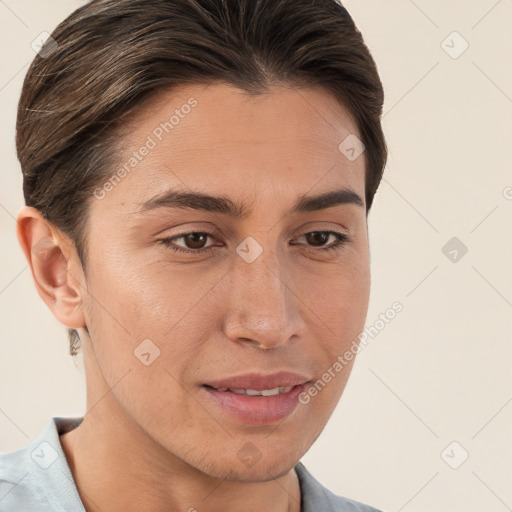 Joyful white young-adult female with short  brown hair and brown eyes