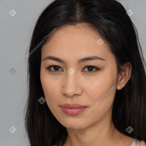 Neutral asian young-adult female with long  brown hair and brown eyes