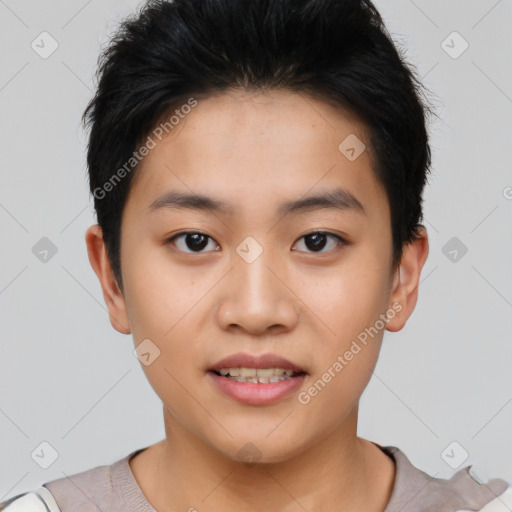 Joyful asian young-adult female with short  black hair and brown eyes