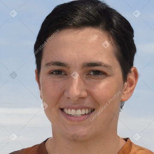 Joyful white young-adult female with short  brown hair and brown eyes