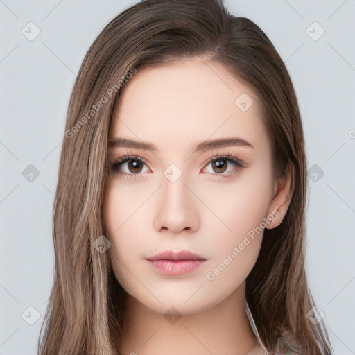 Neutral white young-adult female with long  brown hair and brown eyes