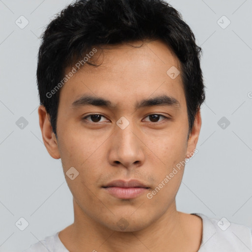 Neutral asian young-adult male with short  black hair and brown eyes