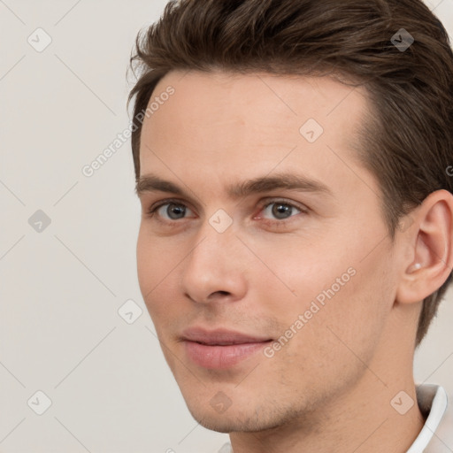 Neutral white young-adult male with short  brown hair and brown eyes