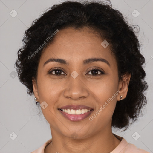 Joyful latino young-adult female with short  brown hair and brown eyes