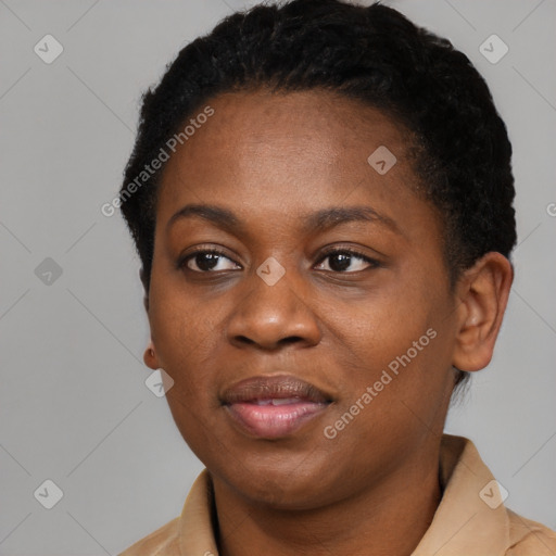 Joyful black young-adult female with short  black hair and brown eyes