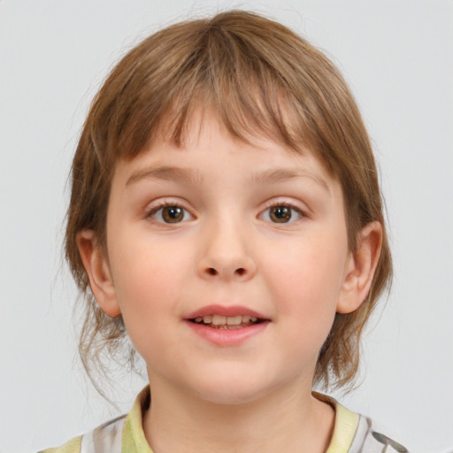 Neutral white child female with medium  brown hair and grey eyes