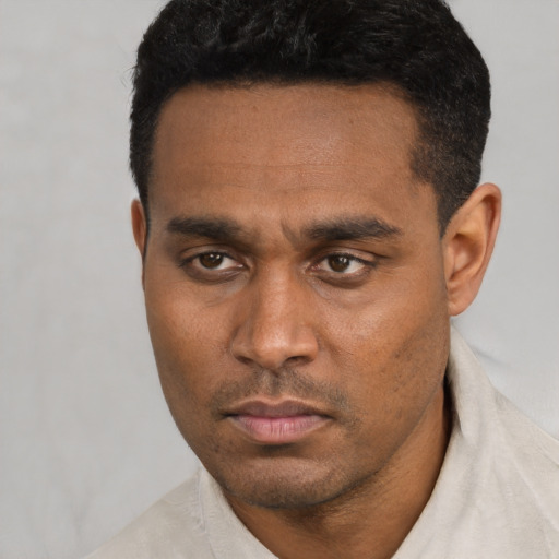 Neutral black young-adult male with short  black hair and brown eyes