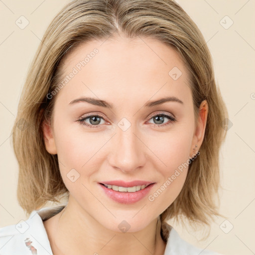 Joyful white young-adult female with medium  brown hair and blue eyes